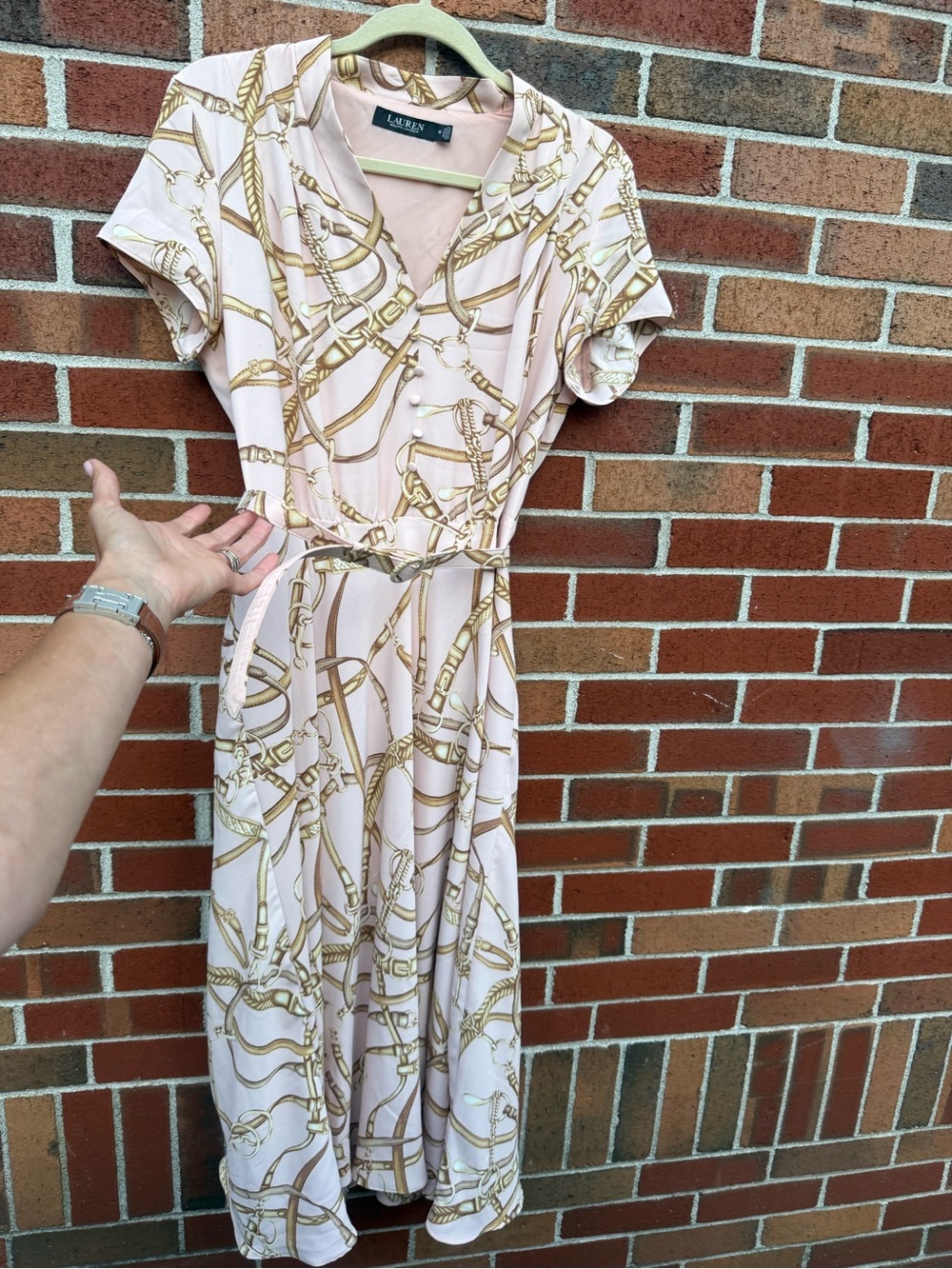 Lauren Ralph Lauren Pink Equestrian Belt Print Midi Dress Size 12 Belted